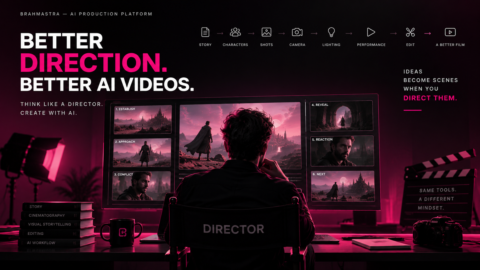 A director at a console reviewing a storyboard of shots, from establish through reveal and reaction
