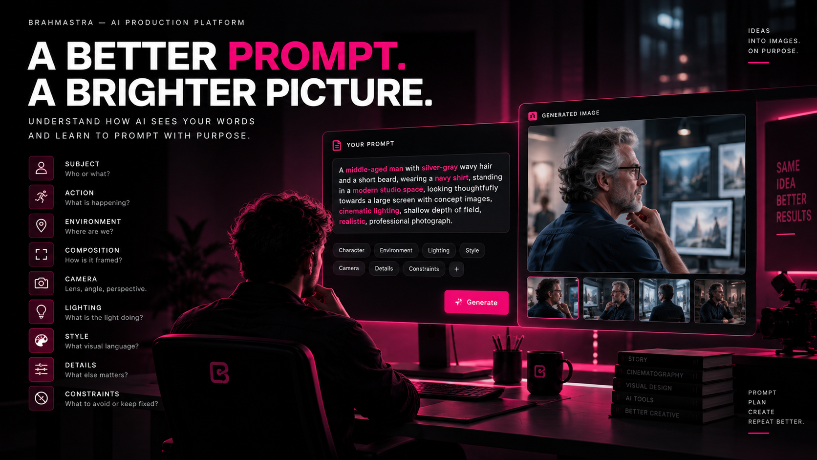 The nine layers of a directed image prompt shown beside a generated portrait and its variations